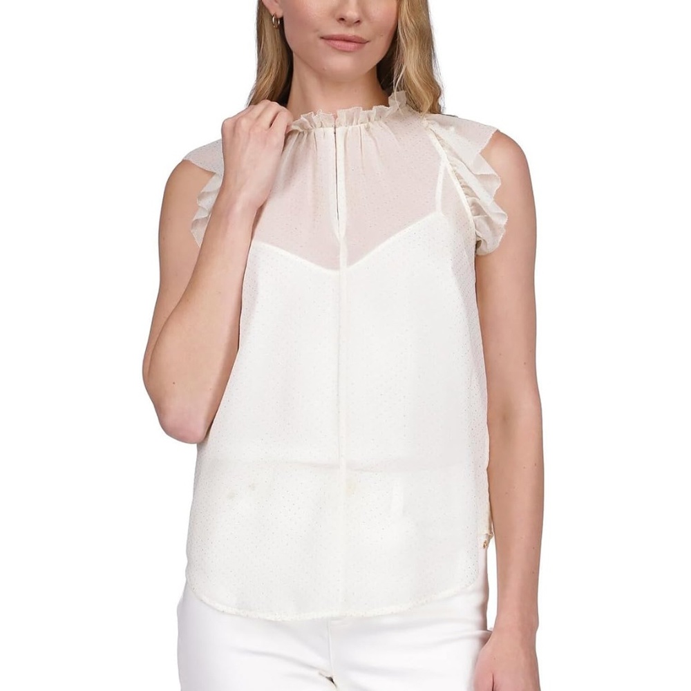 Michael Kors - Dewdrop Chiffon Ruffle Top | White with Gold Dots | XS | NWOT